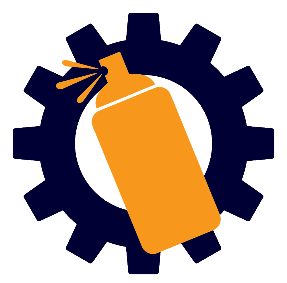 Orange spray can on blue gear